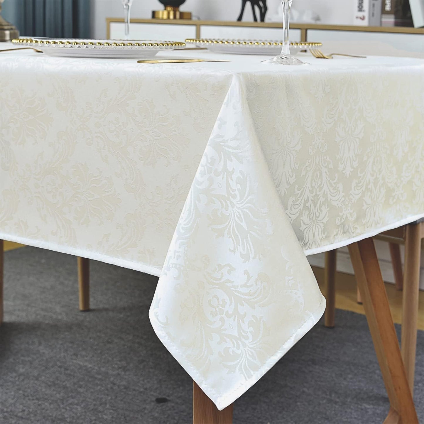SASTYBALE Rectangle Tablecloth - 52 x 70 Inch Beige Cream Damask Table Cloth Jacquard Design Spill Proof Wrinkle Resistant Waterproof Soft Polyester Oblong Table Cover for Kitchen Parties(Ivory)