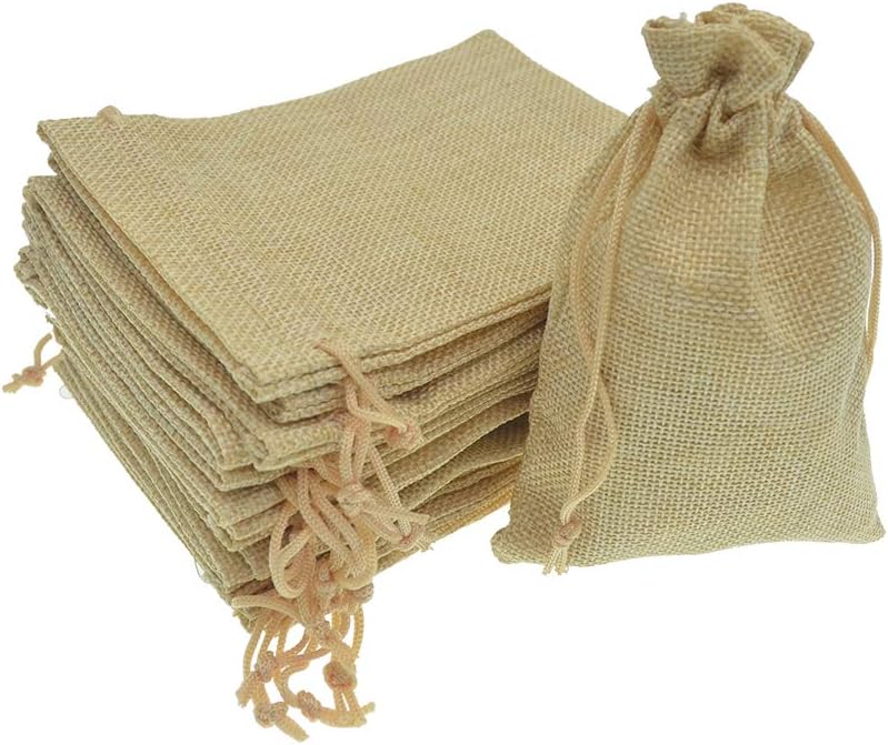 20Pcs Drawstring Burlap Bags, Jute Sacks Jewelry Candy Pouch Christmas Wedding Party Favor Gift Bags (Flaxen, 2.7 x 3.5)