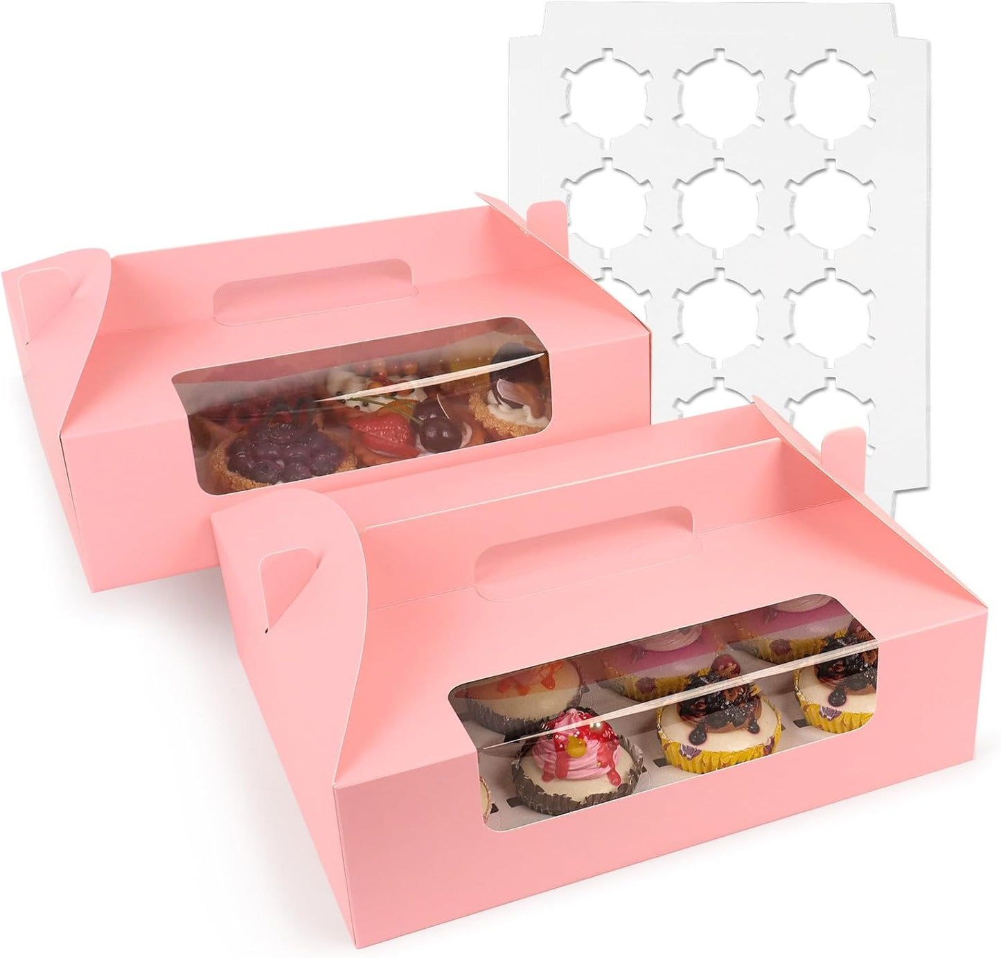 30 Pcs Cupcake Boxes, 12 Count Muffin Boxes with Handle, Window, and Inserts, Pink Cupcake Holders Bakery Carrier Boxes for Cookies Treats Dessert