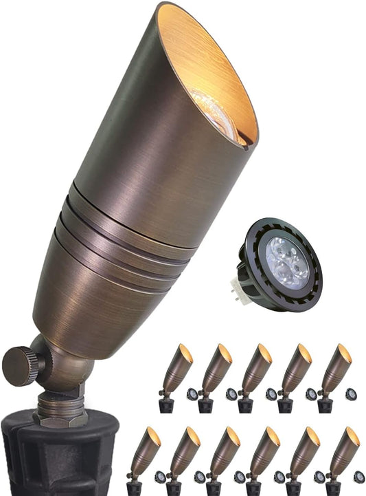 MALORY Brass Landscape Spotlights 12-Pack with Bulb Kit(S02), Low Voltage 12V AC/DC LED Outdoor Spot Uplights for House and Tree,PVC Ground Stake and Wire Connector Included, 5W 2700K Warm White