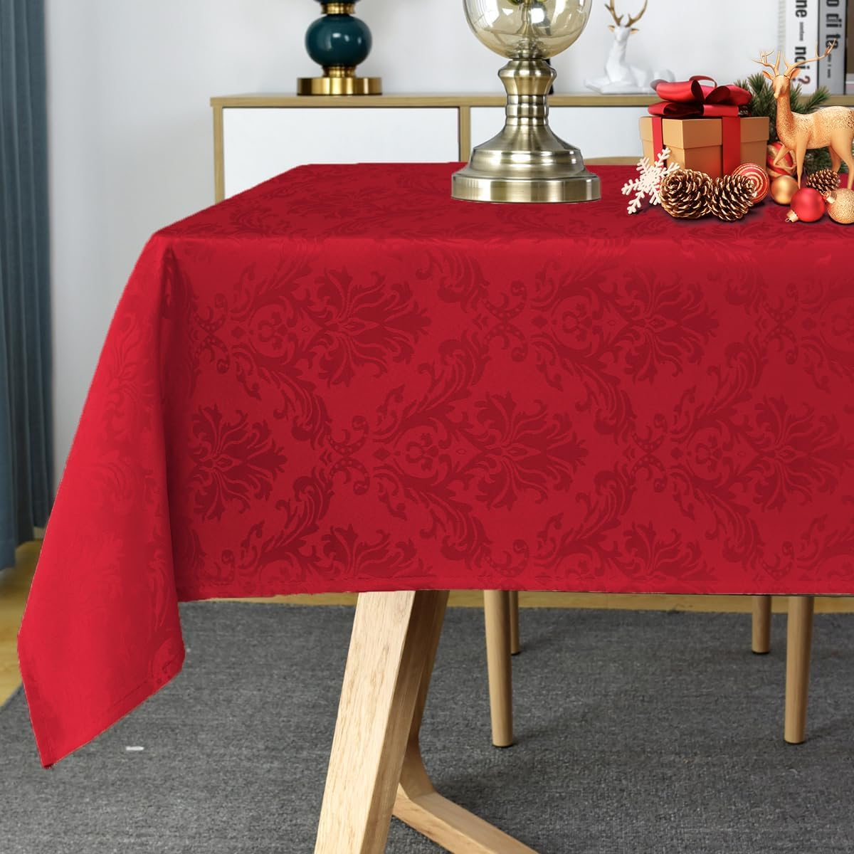 SASTYBALE Christmas Red Square Jacquard Tablecloth, Damask Table Cloth, Spill Proof Wrinkle Resistant Tablecloths, Soft Polyester Oblong Table Cover for Holiday,Winter,Kitchen,Parties (Red, 52X52)