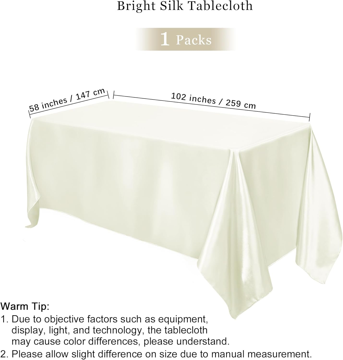 TURSTIN 1 Pack Ivory Satin Tablecloth 102 x 58 Inch Overlay Satin Table Cover Rectangle Bright Silk Tablecloth Smooth Fabric Table Decoration for Wedding Banquet Party Events