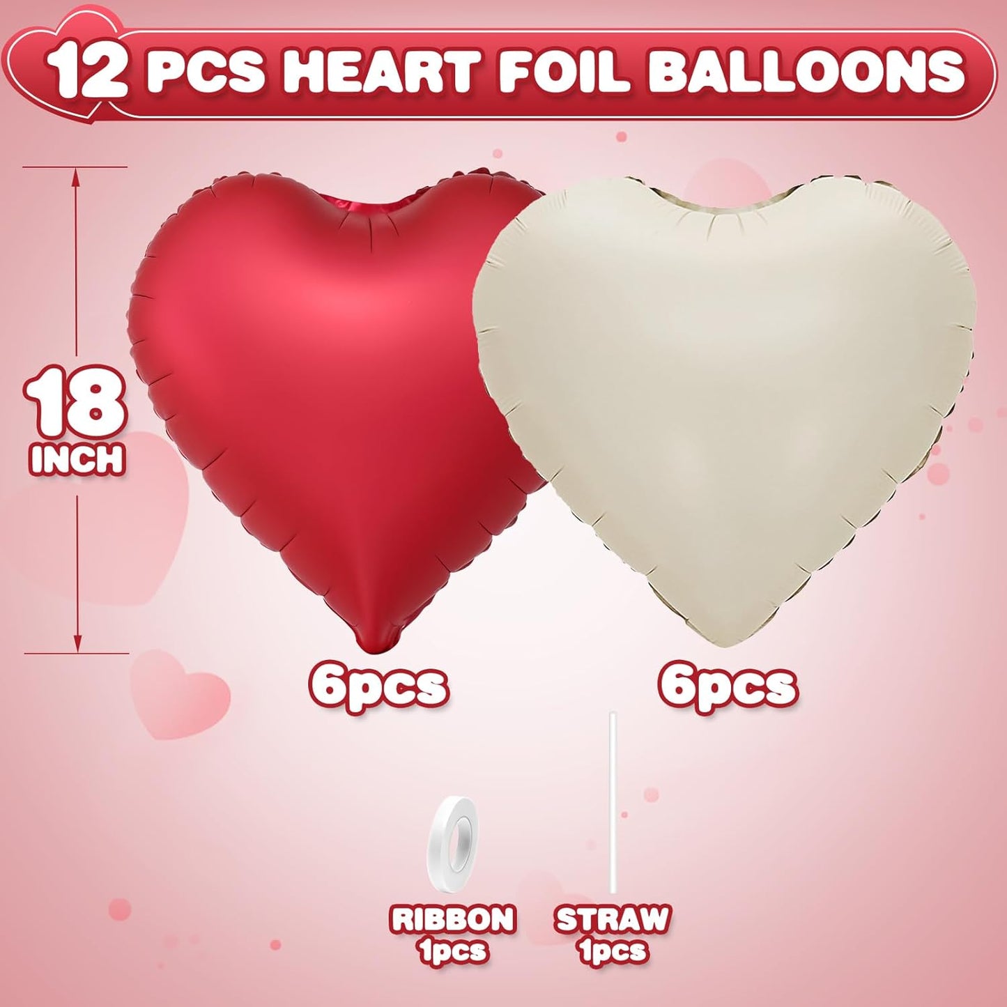 Red White Heart Balloons,12Pcs 18Inch Cream White Metallic Red Heart Shaped Foil Helium Balloons for Baby Shower Birthday Anniversary Wedding Engagement Party Decorations