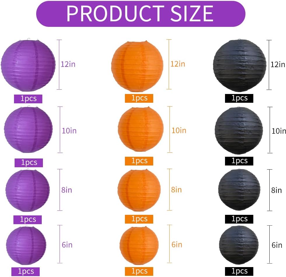 BEISHIDA 12Pcs Orange Purple Black Paper Lanterns Decorative Chinese/Japanese Hanging Round Paper Lanterns Lamp for Halloween，Birthday, Wedding, Christmas, Bridal,Home Decor, Party Decoration