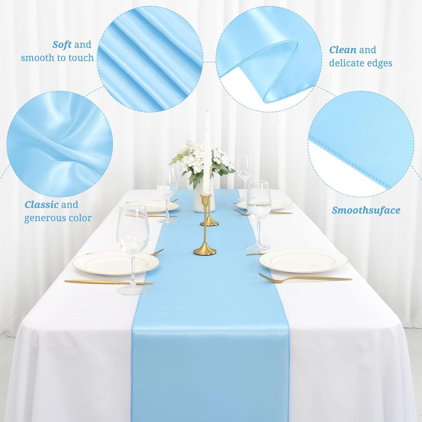 12 Pack Light Blue Satin Table Runner,12 x 108 inch Long Premium Smooth Table Runner for Wedding, Banquets, Birthday, Party, Graduation, Engagements,Table Runners fit Rectangle and Round Table