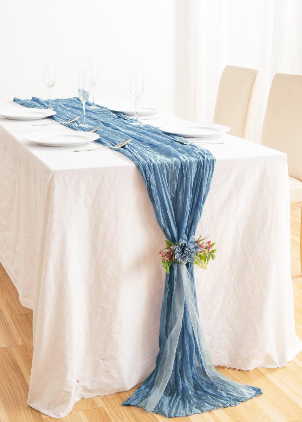 8 Pack 10Ft Dusty Blue Cheesecloth Table Runner 35x120 inch Boho Gauze Cheese Cloths Table Runners Long Wrinkled Sheer Romantic Table Runner for Wedding Bridal Shower Birthday Party Table Decor