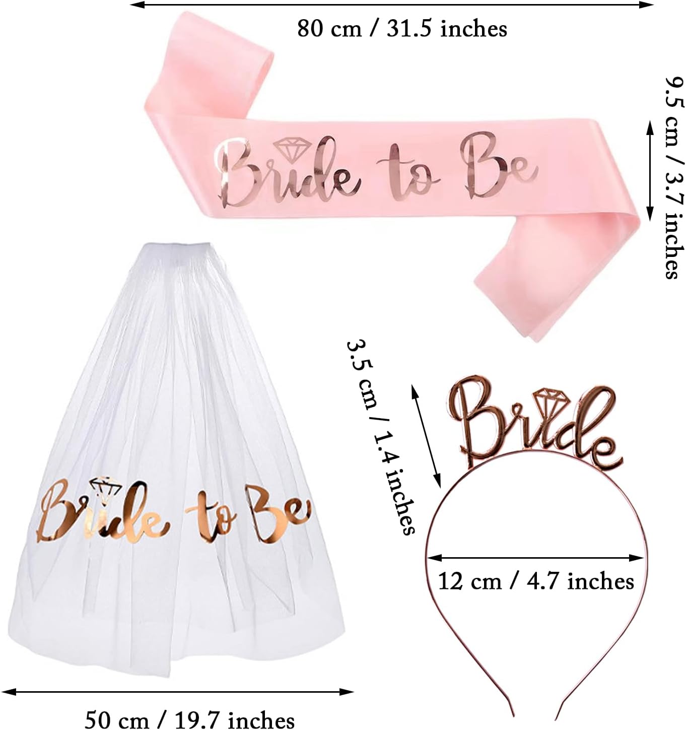 3 Pack Bride to Be Decorations Set, Bride to Be Sash, White Bride Veil, Bride Headband Tiara for Bachelorette Party Bridal Shower Decoration(Rose Gold)