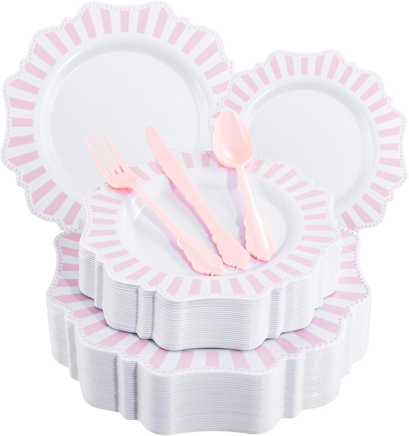 COLOSUS 150pcs Disposable Pink and White Stripped Plastic Plates and Silverware set, Light Pink Dinner/Dessert Plates silverware serve 30guests for Easter day, Wedding Party and Daily use.