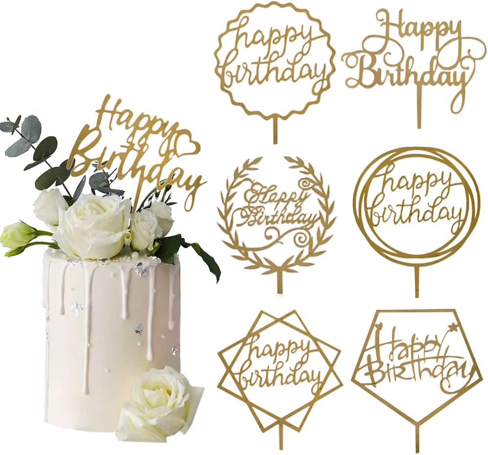 Gold Happy Birthday Cake Topper - Acrylic Cupcake Toppers Decoration Supplies (7 Pieces)