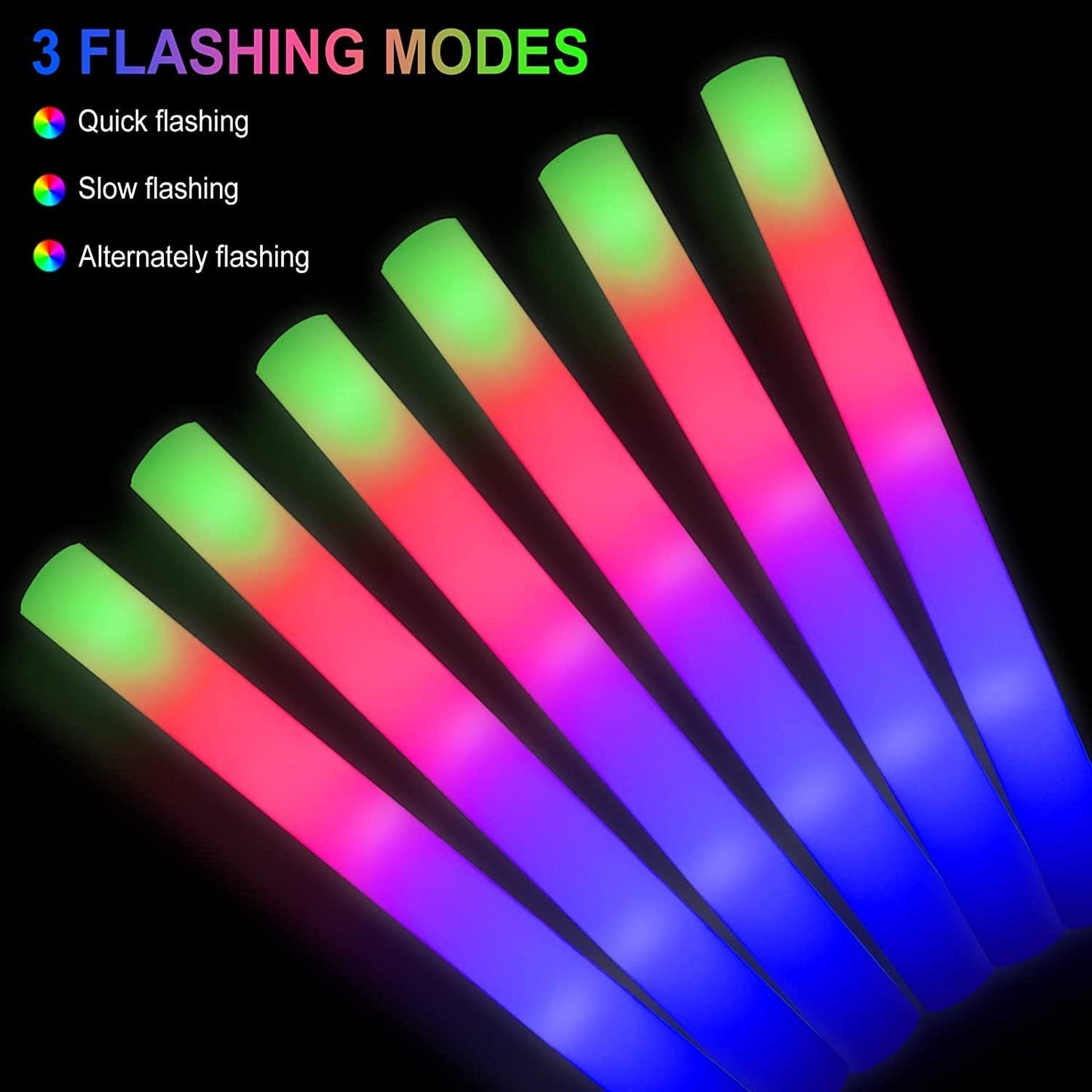 100 + 11 Pack Foam Glow Sticks Bulk Party Pack,Party Favors Supplies,3 Flashing Modes Glow In The Dark Party Supplies,Light Up Foam Sticks for Wendding Raves Camping Outdoor