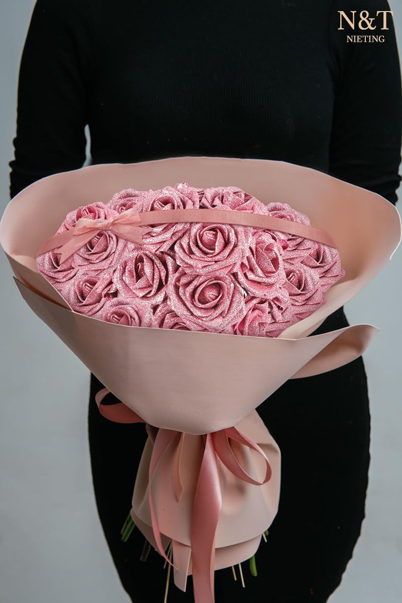 N&T NIETING Artificial Flowers Glowing Dark Pink Flowers Foam 25pcs Glitter Roses Real Looking Fake Roses with Stem for DIY Wedding Bouquets Centerpieces Bridal Shower Party Home Decorations