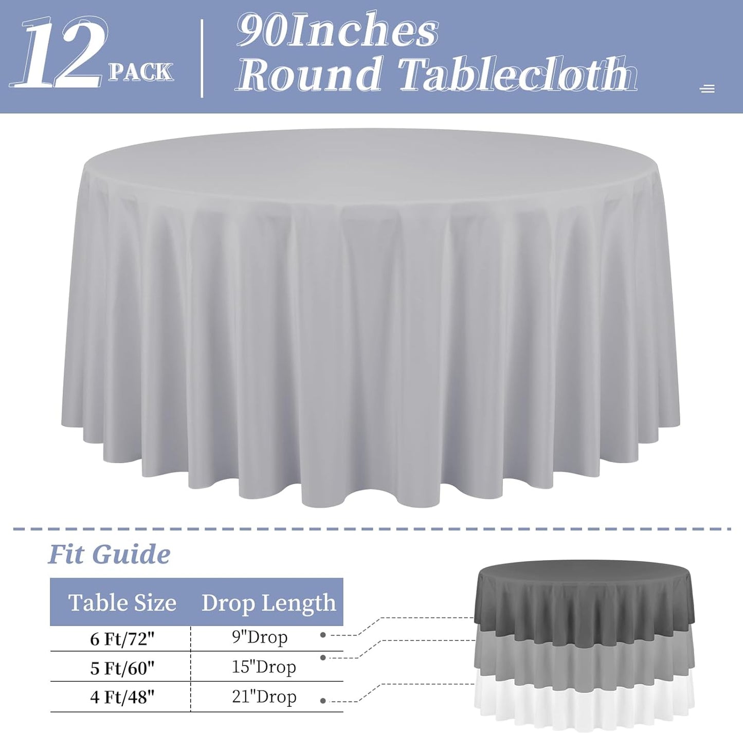 12 Pack Round Tablecloth 90 Inch - Light Grey Polyester TableCloth for Round Table, Premium Light Grey Tableclothes Washable Fabric Table Cover for Wedding Party Banquet Restaurant Reception Dining