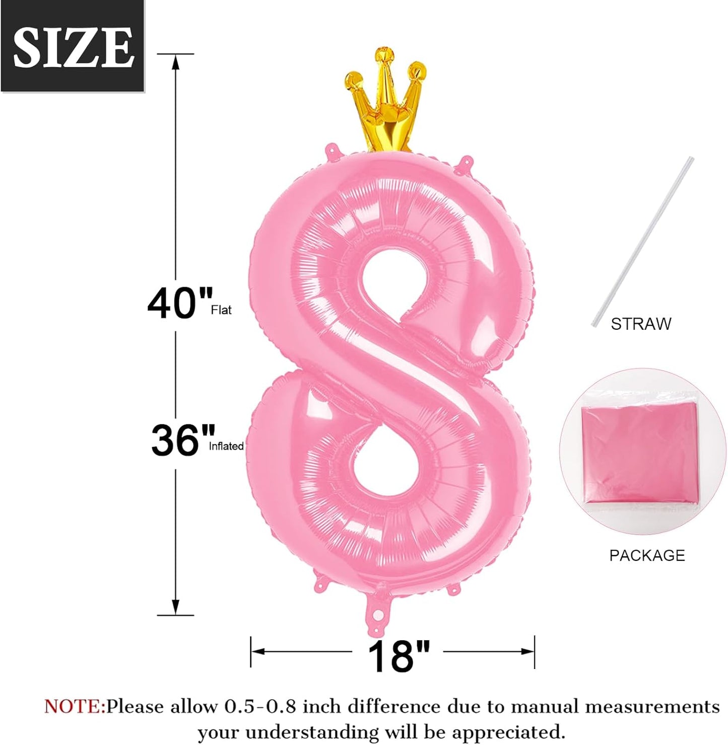 40 Inch Pink Number Balloon 0-9(Zero-Nine) with Crown, Big Size Happy Birthday Balloon, Foil Helium Big Number Balloon for Birthday Party,Wedding, Anniversary (PINK 8)