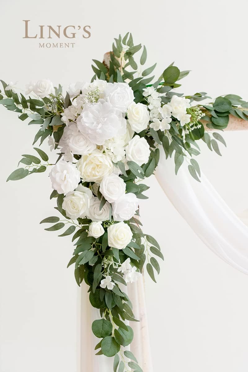 Ling's moment Artificial Wedding Arch Flowers Kit Pack of 4, 2pcs Hanging Silk Flowers Arrangement 2pcs Chiffon Drapes Ceremony Spring Fake Rose Arbor Backdrop White Sage Floral Party Outdoor Decor