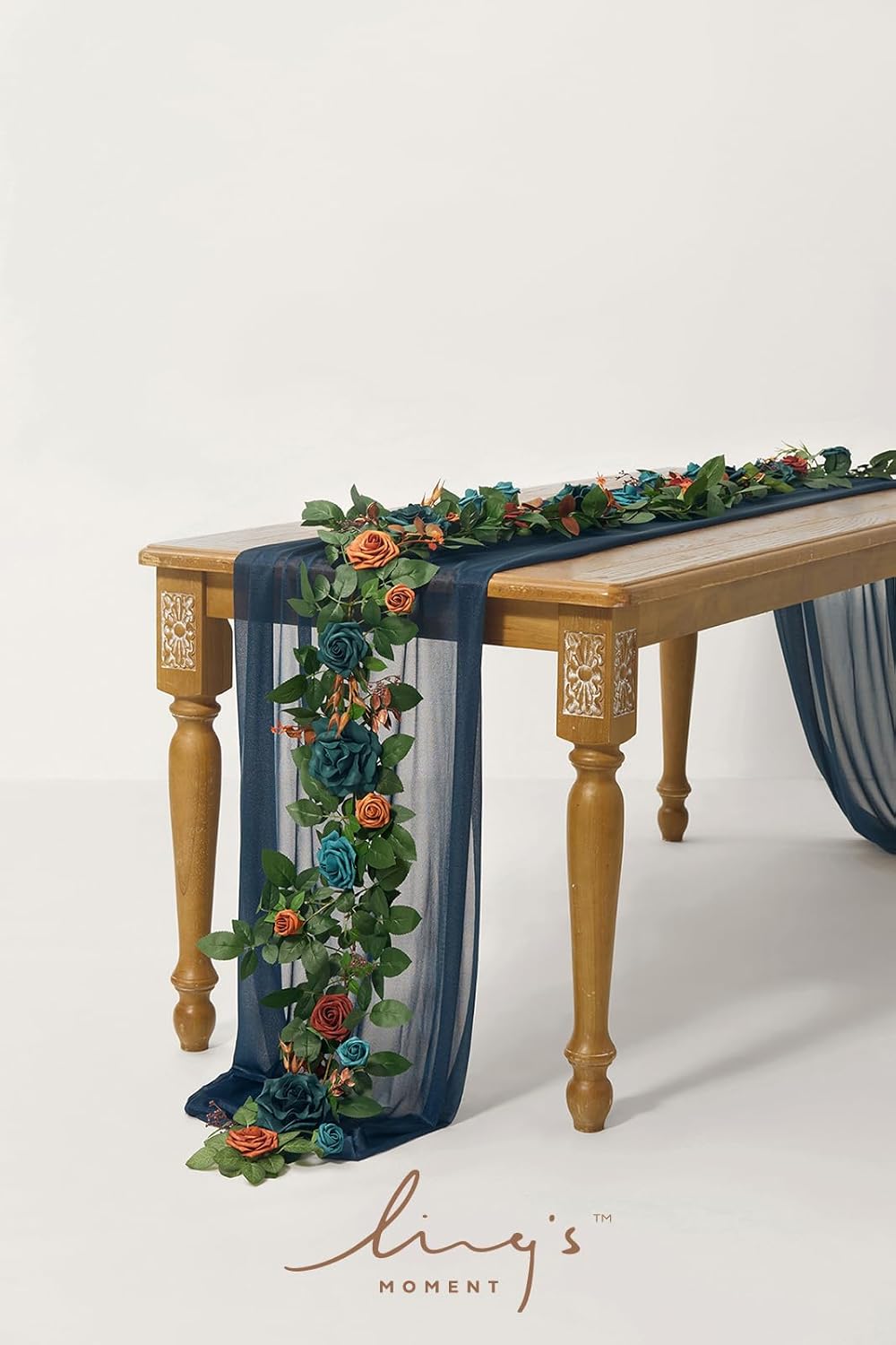 Ling's Moment 5FT Teal Blue Artificial Flower Garland Burnt Orange Rose Eucalyptus Leaves Floral Garland Arch Flowers Vine for Wedding Party Backdrop Decor Home Table Centerpieces Window Decorations