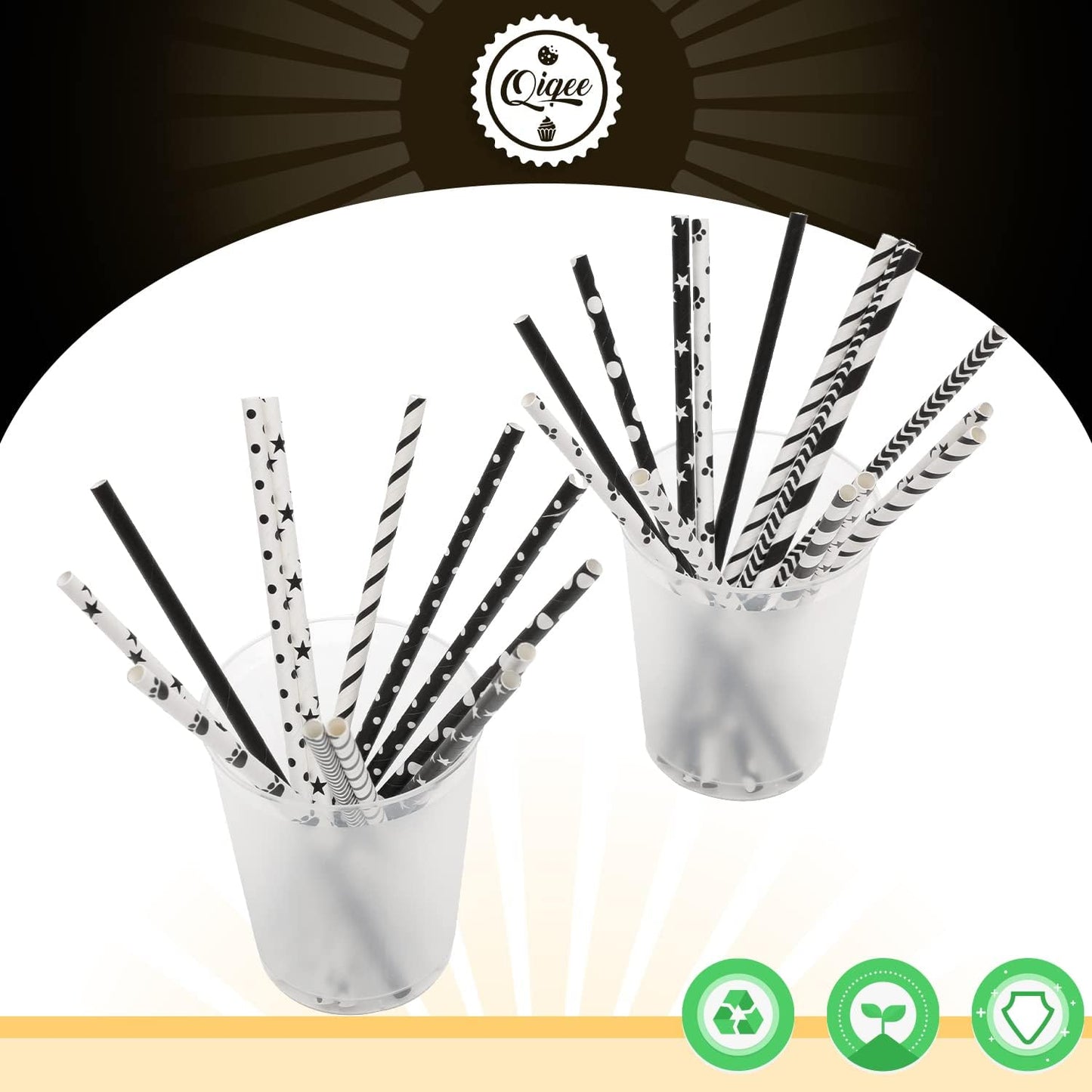 qiqee Black Paper Straws 150pcs Disposable Straws Bulk (10 Black Patterns, Biodegradable, Disposable, 7.75 x 0.25 inches)