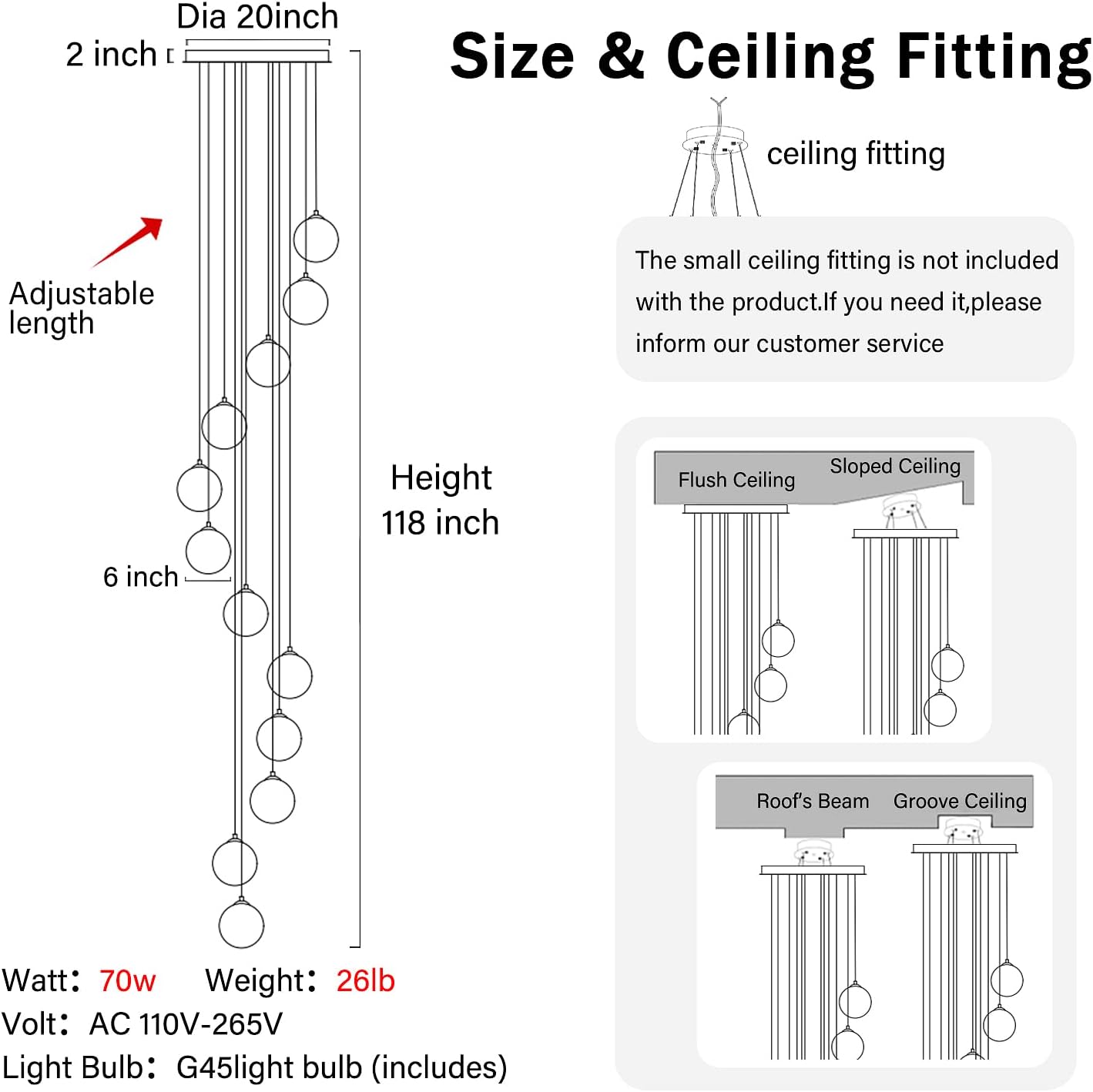 H118 Modern Glass Globe Chandelier Staircase Chandelier for Entryway 12-Lights Glass Globe Pendant Light Large Chandeliers for High Ceiling Foyer Stairwell