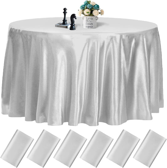 fani 6 Pack 108 Inch Sliver Round Tablecloth - Premium Silky Satin Tablecloth Overlay Smooth Fabric Table Cover Linens, Table Decoration for Wedding Party Banquet Events Restaurant Kitchen Dining