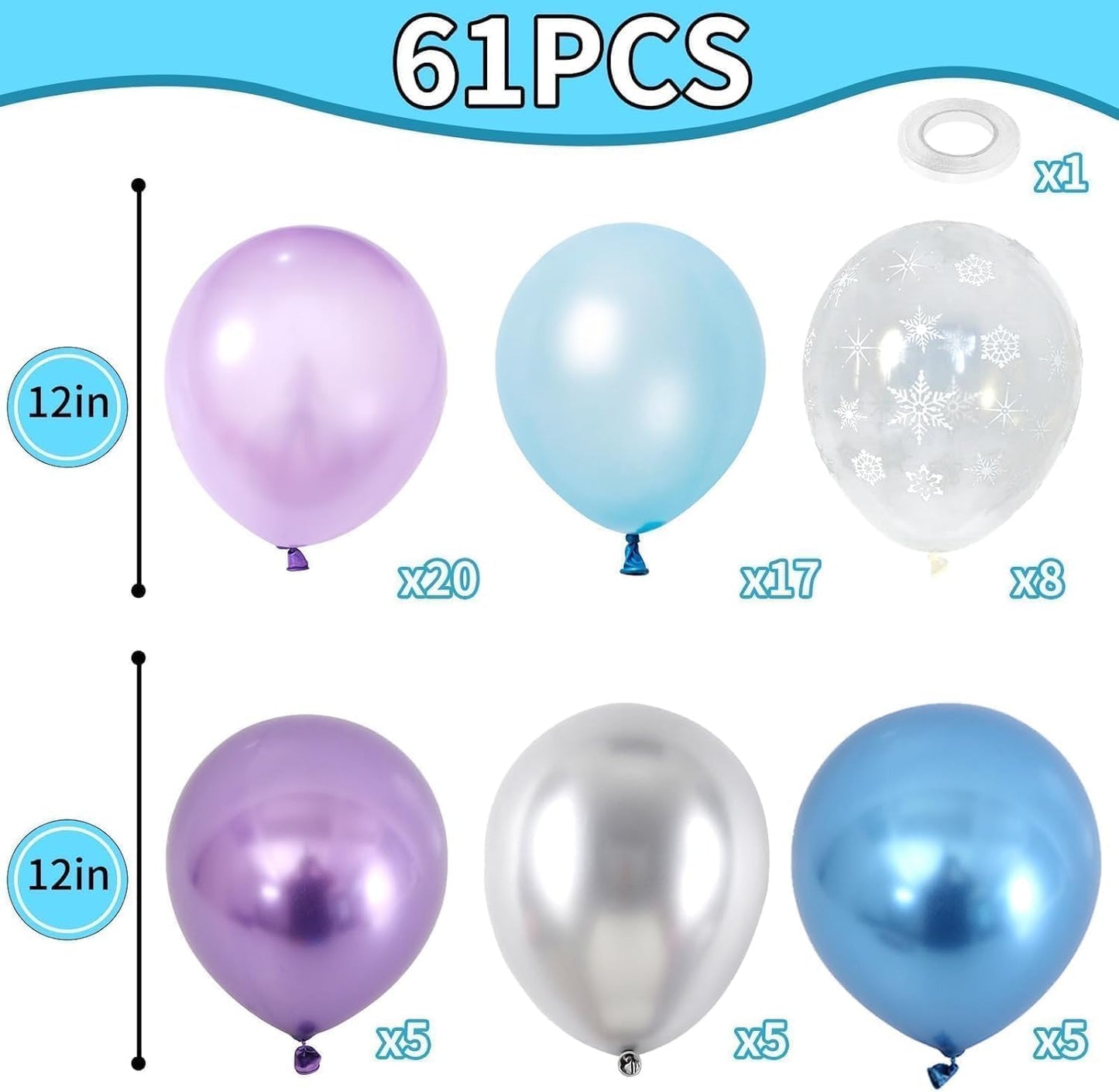 Blue Purple Silver Balloons, 60PCS Snow Balloons Metallic Purple Blue Silver Balloon with Pearl Blue Purples Snowflake Print Party Balloon for Girls Birthday Winter Snow Wonderland Party Decorations
