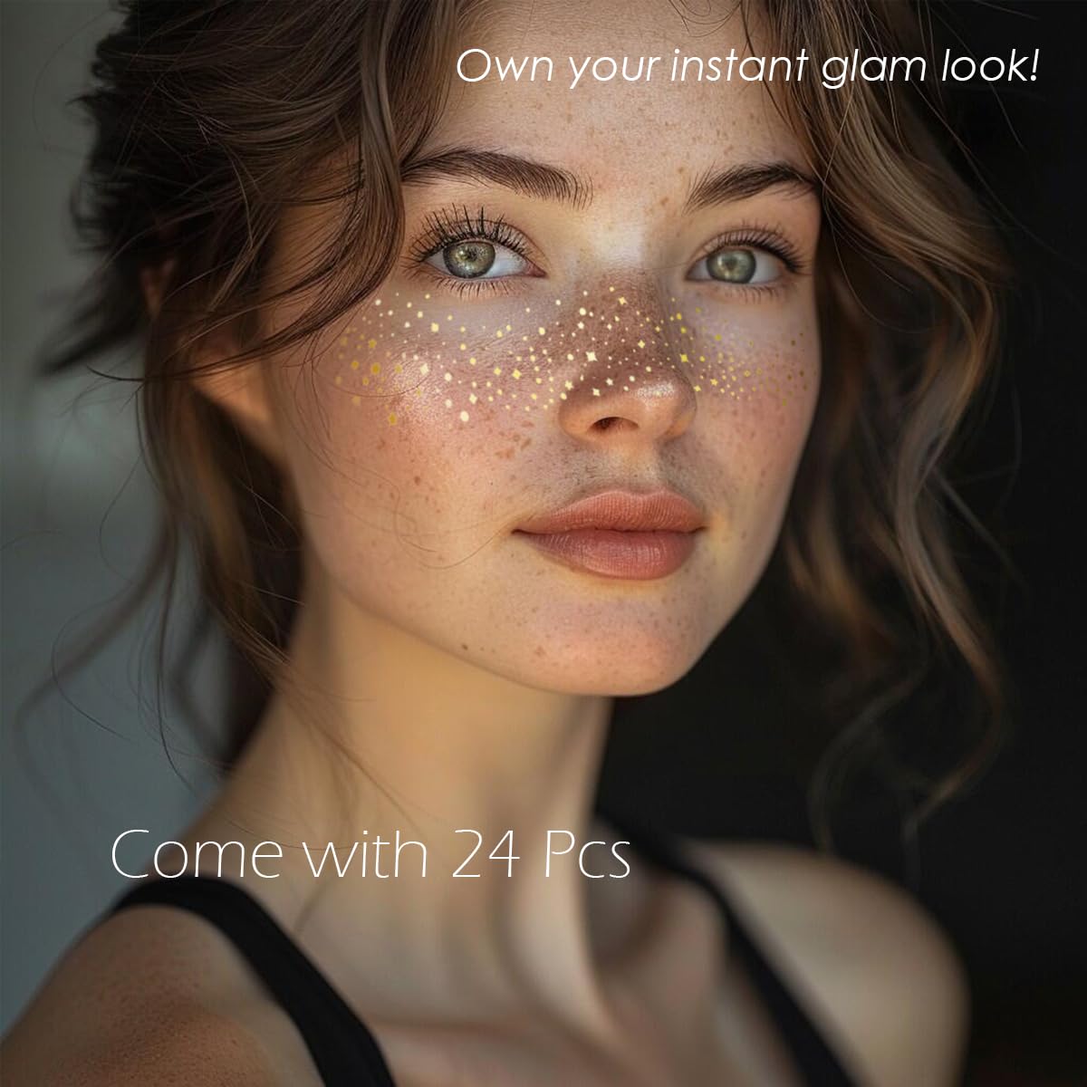 Glitter Freckles, 24PCS Glitter Freckles Face Tattoo, Sparkle Freckles for Women, Waterproof Gold Temporary Face Tattoos Glitter Glow Up Patches Makeup Patches (Gold & Rosegold)