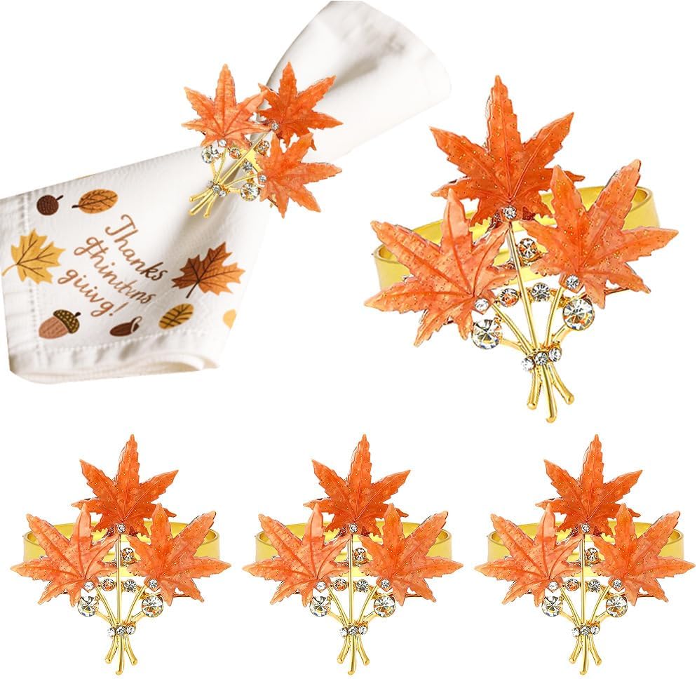 Maple Leaves Napkin Rings Set of 6, Fall Party Napkin Holder Buckles, Thanksgiving Christmas Napkin Rings (Orange, One Size)