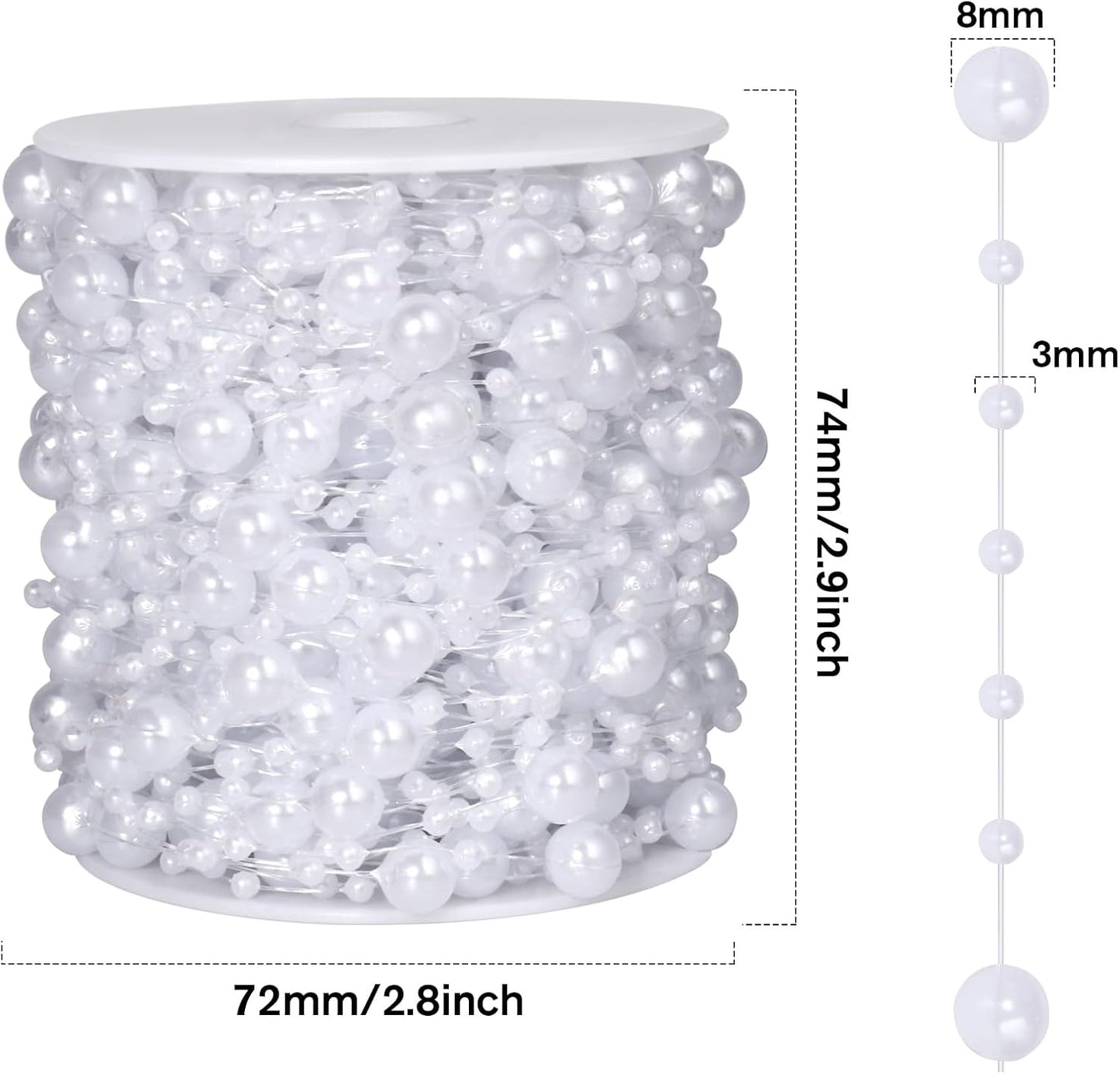 98FT Pearl Beads String Garland, 8mm 3mm White Faux Pearl Beads Roll Strand Bulk for Wedding Party Flower Christmas Decoration DIY Craft