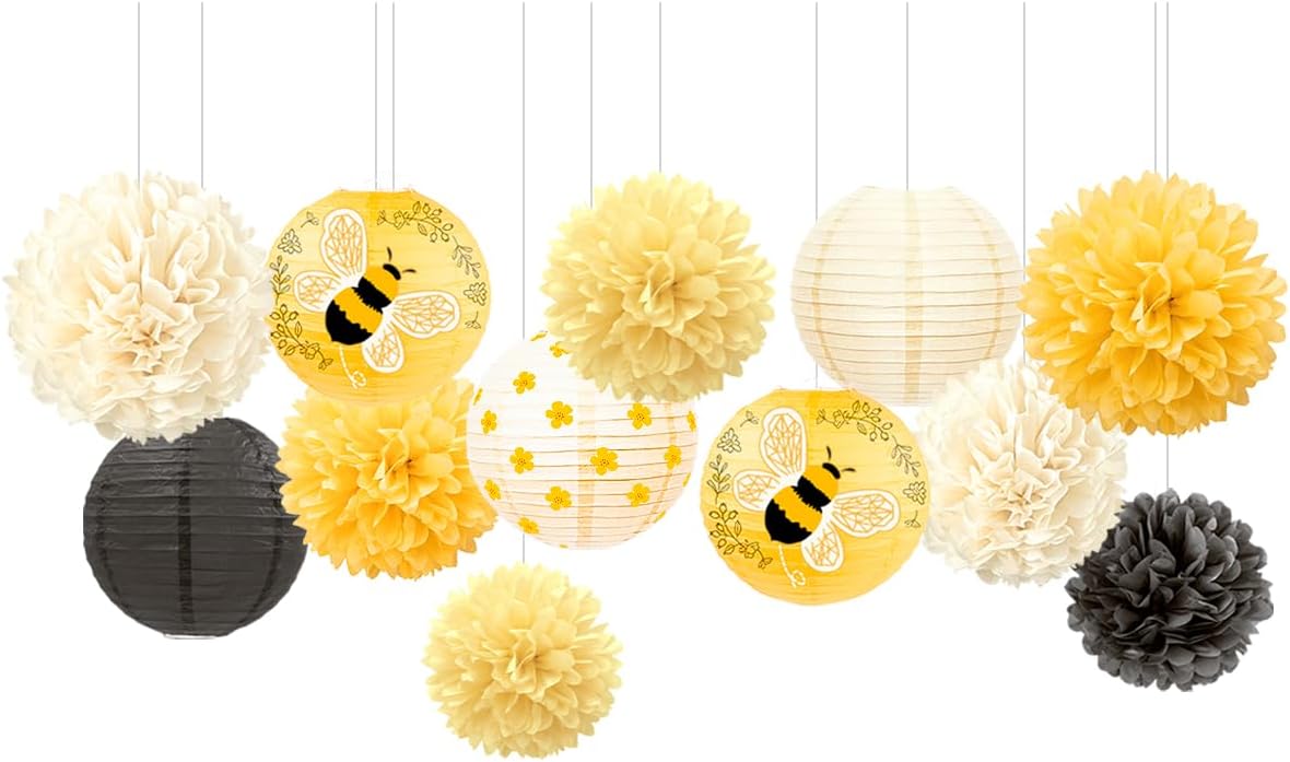 NICROLANDEE Bee Party Decorations, 12PCS Yellow Hanging Paper Lanterns Tissue Pom Poms Decor for Bee Day Party, Bee Themed Birthday Decorations, Yellow Flower Bumble Baby Shower