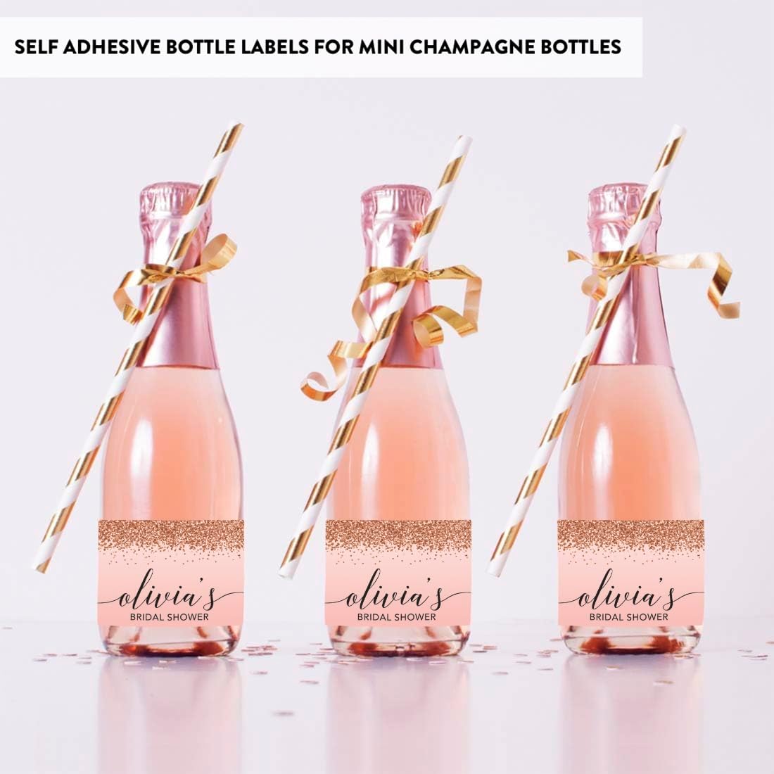 Andaz Press Personalized Mini Wine Bottle Labels, Bridal Shower, Blush Pink Faux Rose Gold Glitter, 20-Pack, Custom Champagne Labels
