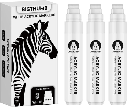 Thick White Jumbo Poster Markers: 3 Pcs 15mm Wide Tip Large Acrylic Paint Pens Big Permanent Markers Calligraphy Marker for Rock Painting, Sign, Canvas, Glass, Wood, Ceramic