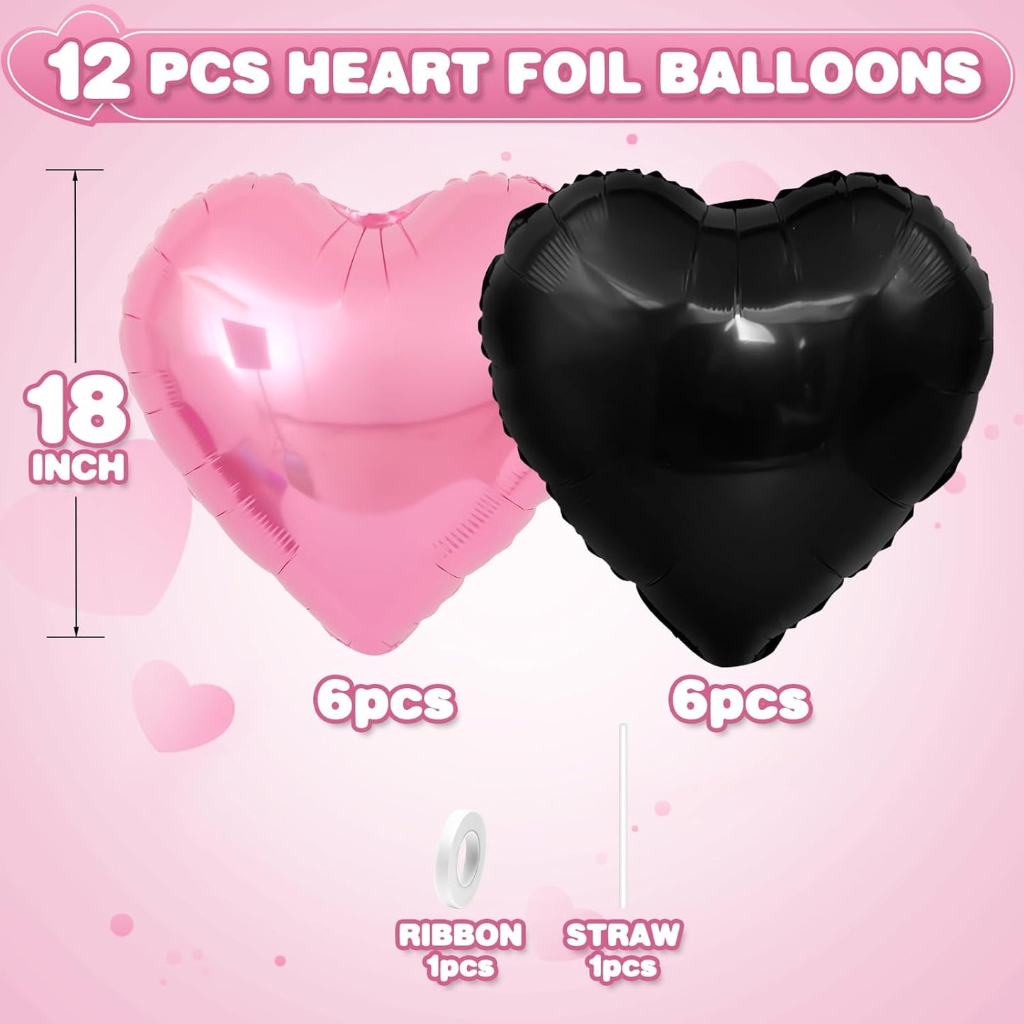 Pink Black Heart Balloons,12Pcs Light Pink Heart Shaped Foil Balloons,18Inch Black Pearl Pink Helium Balloon for Baby Shower Birthday Anniversary Wedding Party Decorations