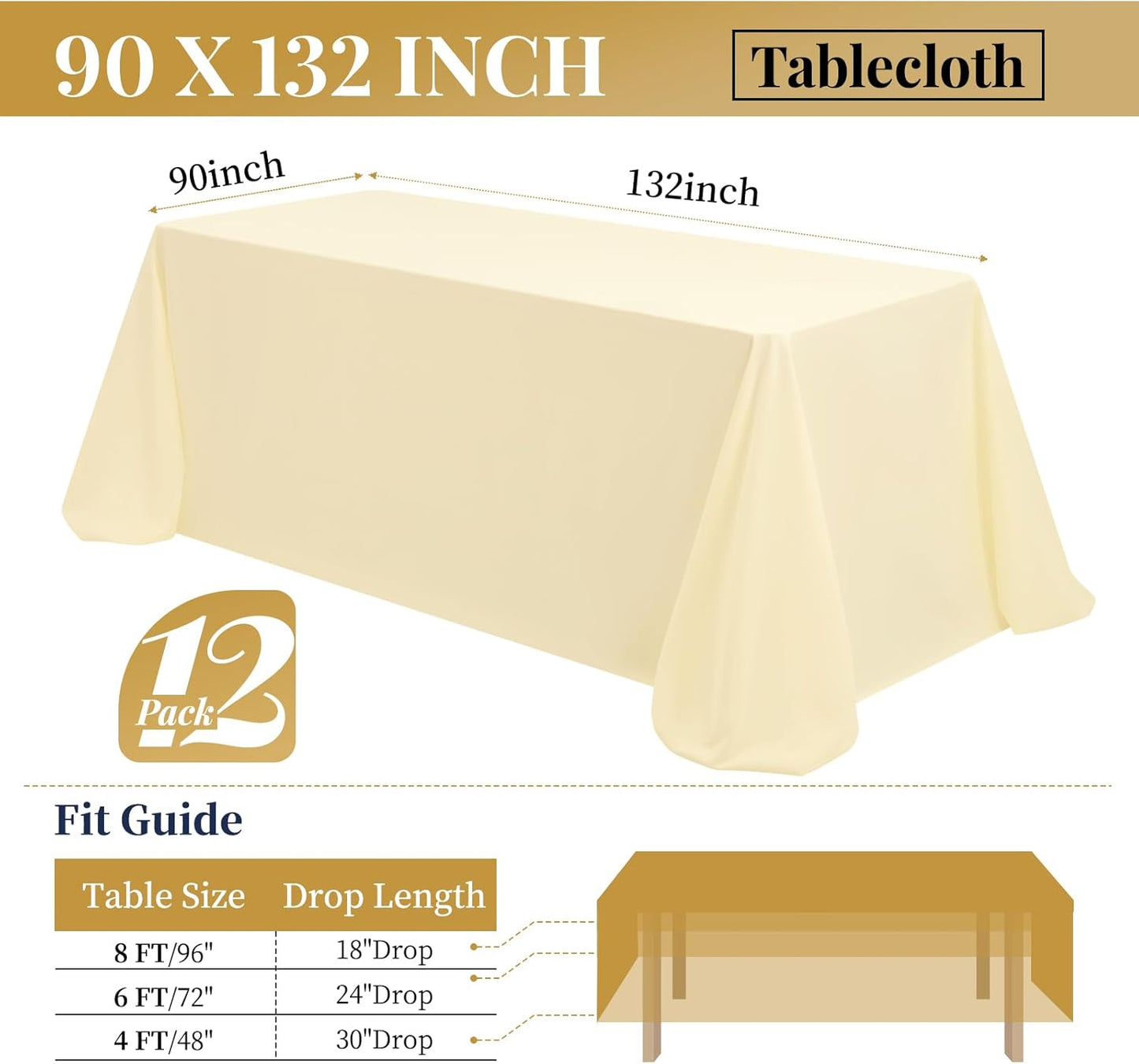 12 Packs 90 x 132 Inch Tablecloth, Beige Polyester Table Cloth for 6ft Rectangle Tables, Washable Fabric TableCover for Wedding Banquets Parties Buffet Dining Table