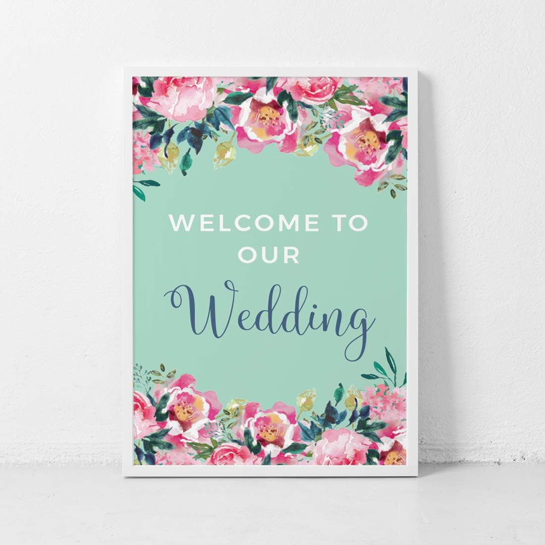 Andaz Press Extra Large Wedding Easel Board Party Sign, 12x18-inch, Tea Party Pink Peonies on Mint Green, Welcome to Our Wedding, 1-Pack