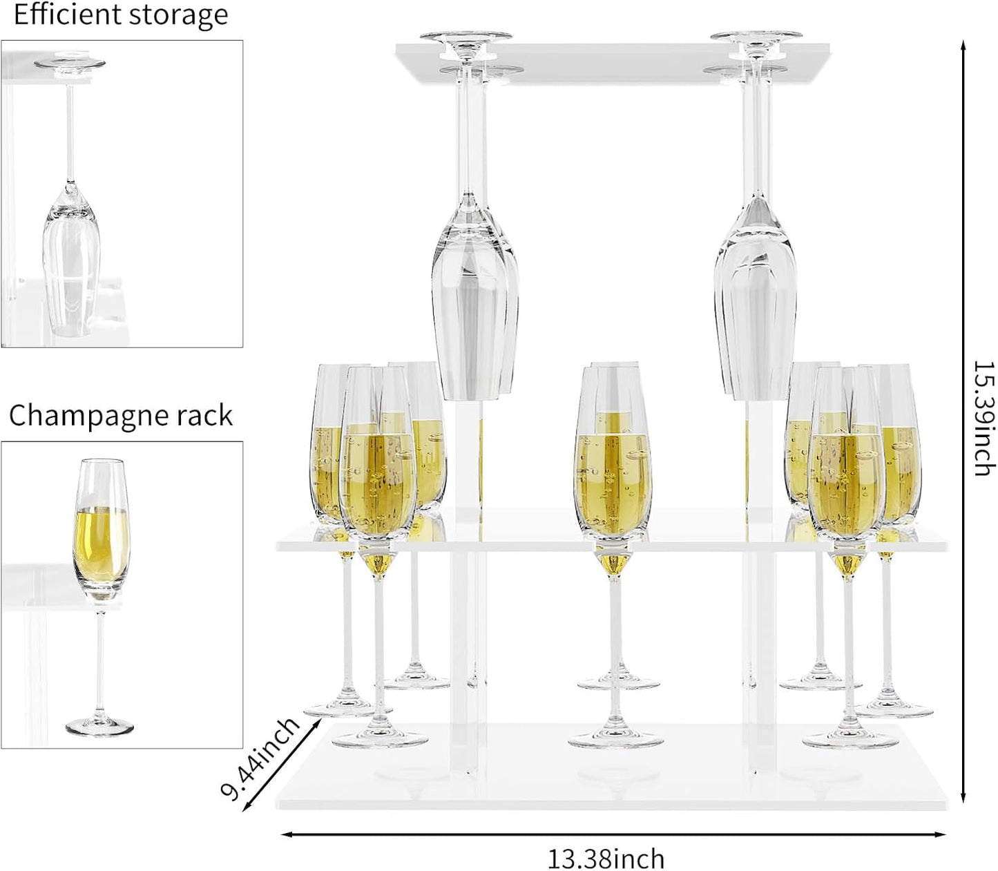 Champagne Tower, Rectangle Acrylic Champagne Display Rack Stand with 12 Slots, 2 Tiers Floating Sight Champagne Flute Holder for Party, Wedding, School, Celebration, 13.3x9.4x15.3 inch