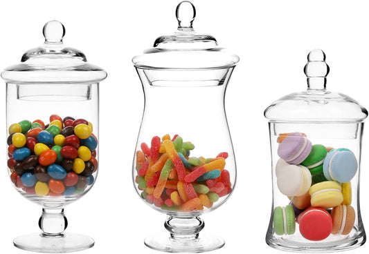 MyGift Clear Glass Apothecary Jars with Lid, Decorative Footed Vase, Candy Buffet Containers, Set of 3