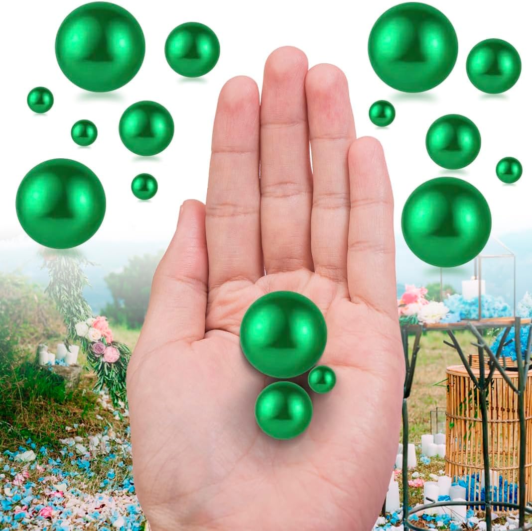 300Pcs Green Polished No Hole Faux Pearl Beads for Vase Filling Decorations, Plastic Pearls Vase Fillers, Table Scatters, Wedding Centerpiece, Home Decor, 8/14/20 mm