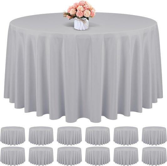 12 Pack Round Tablecloth 120 Inch - Light Grey Polyester Table Cloth for Round Table, Premium Light Grey Tableclothes Washable Fabric Cover for Wedding Party Banquet Restaurant Reception Dining