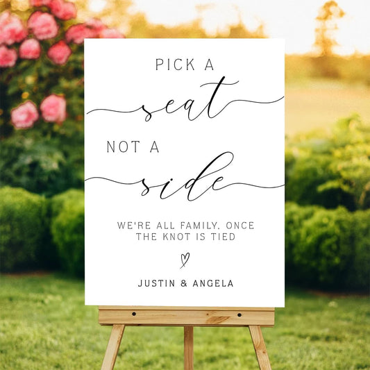Pick a Seat Not a Side Wedding Yard Sign – Elegant Heart Design – Personalized Names – Acrylic or Plastic Outdoor Sign