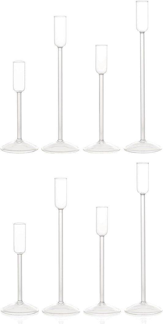Candle Holder, Glass Taper Candle Tall Candlestick Holder, 4 Different Heights, for Table Centerpiece, Wedding, Party, Clear, 8pcs
