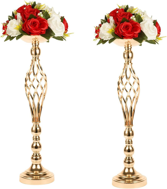 LANLONG 2pcs Metal Gold Candle Holders Road Lead Table Centerpiece Stand Pillar Candlestick for Wedding Candelabra Flowers Vases