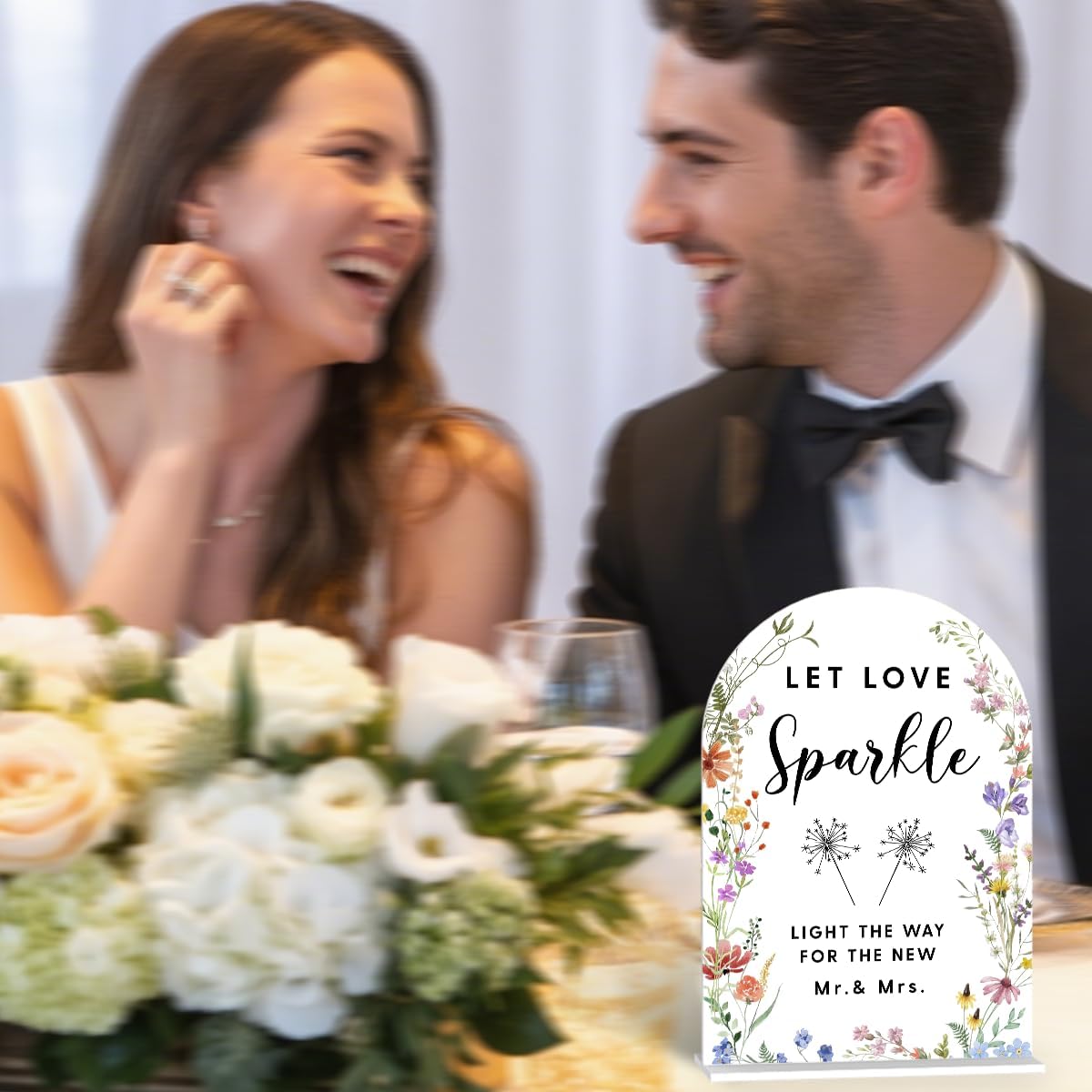 Acrylic Wedding Signs, Let Love Sparkle Signs for Marriage Reception, Bridal Shower Decorations, Modern Arched Round Top Acrylic Table Top Sign with Holder for Wedding Party (White Wildflowers)