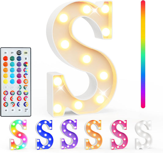 Pooqla Colorful Light Up Letters with Remote, Upgraded 35 Colors LED Marquee Letters, RGB Lighted Letter for Girls Teenager Gift, Birthday, Party, Wedding, Night Light, Room, Bedroom Decor, Letter S