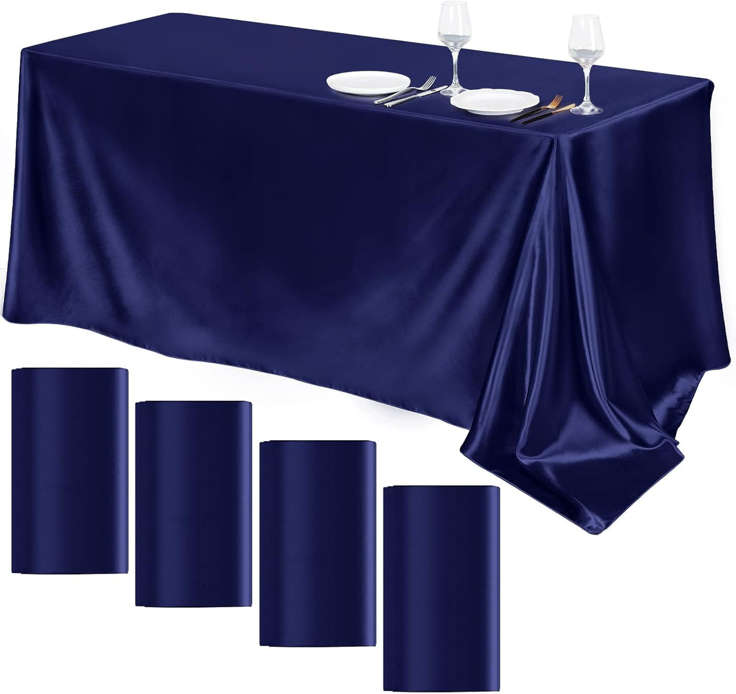 TURSTIN 4 Packs Satin Tablecloth 102 x 58 Inch Overlay Satin Table Cover Rectangle Bright Silk Tablecloth Smooth Fabric Table Decoration for Wedding Banquet Party Events, Navy Blue