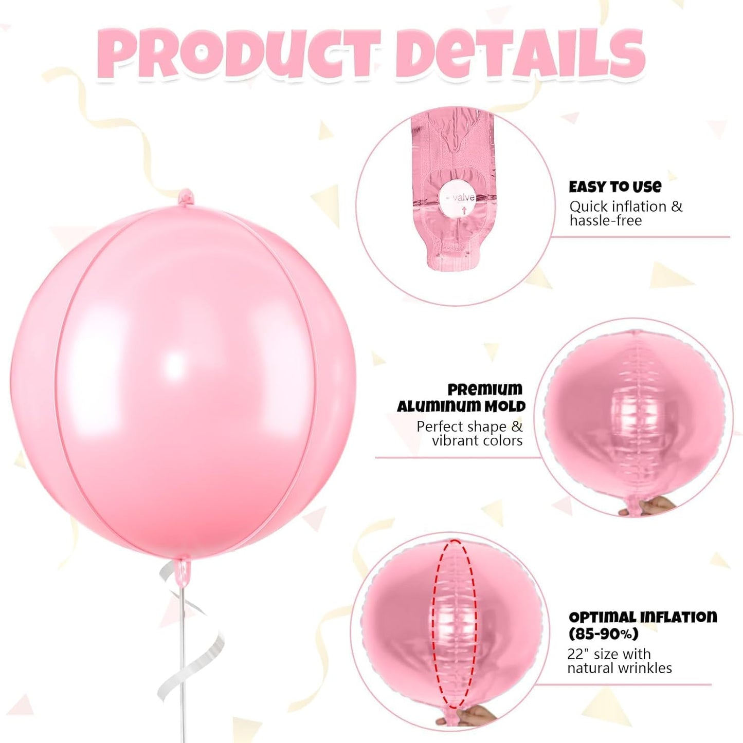 Giant 4D Foil Balloons, 6Pcs Large Metallic Pastel Pink Round Balloons, 22 Inch Big Round Foil Balloon for Pink Birthday Party Baby Shower Wedding Decorations