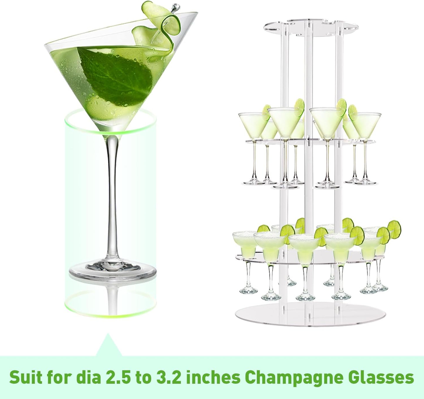 Champagne Tower, Circle Acrylic Champagne Display Rack Stand with 28 Slots, 3 Tier Floating Sight Champagne Flute Holder for Party, Wedding, School, Celebration, 13.4x13.4x25.5 inch