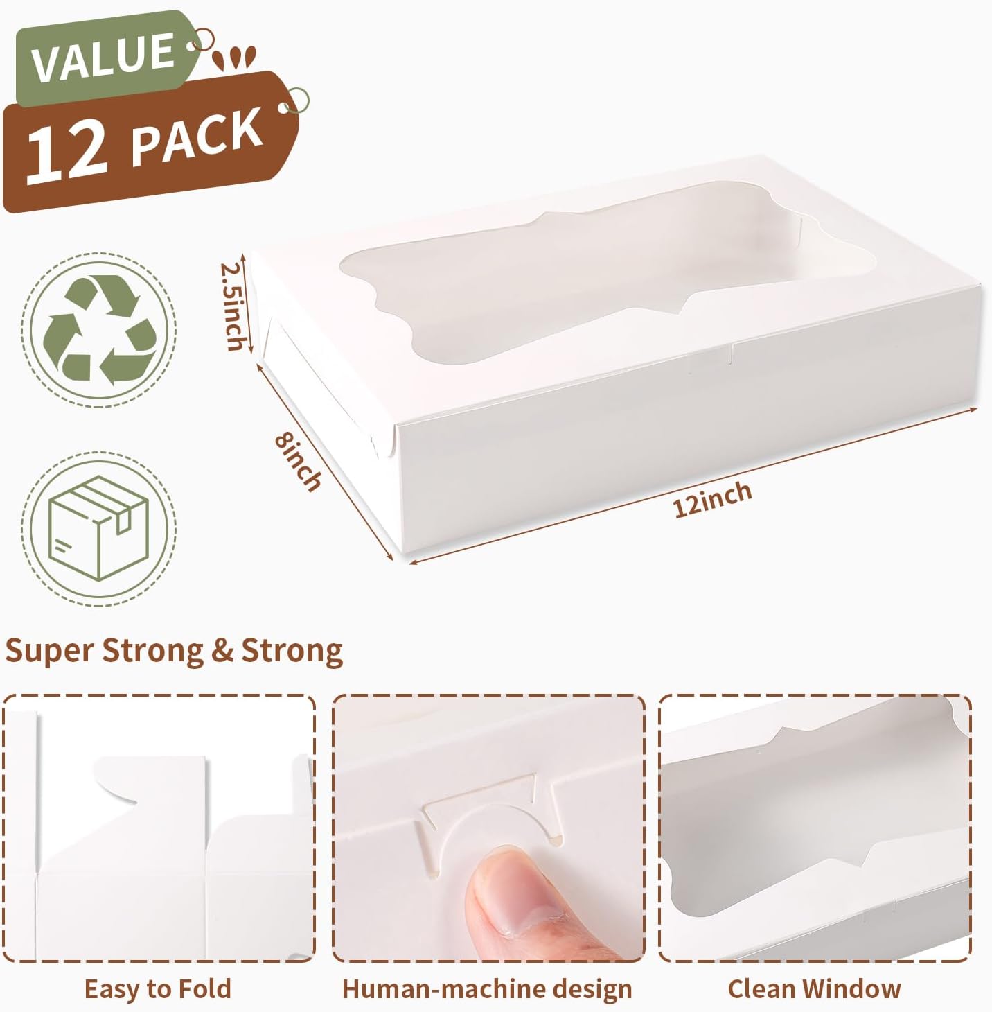 48pcs12x8x2.5 Inches Bakery Boxes,Cookie Boxes with 3Style for Window Bread,Treat，Chocolate,Strawberries,Dessert,Cakes,Donuts,Muffins,pastry