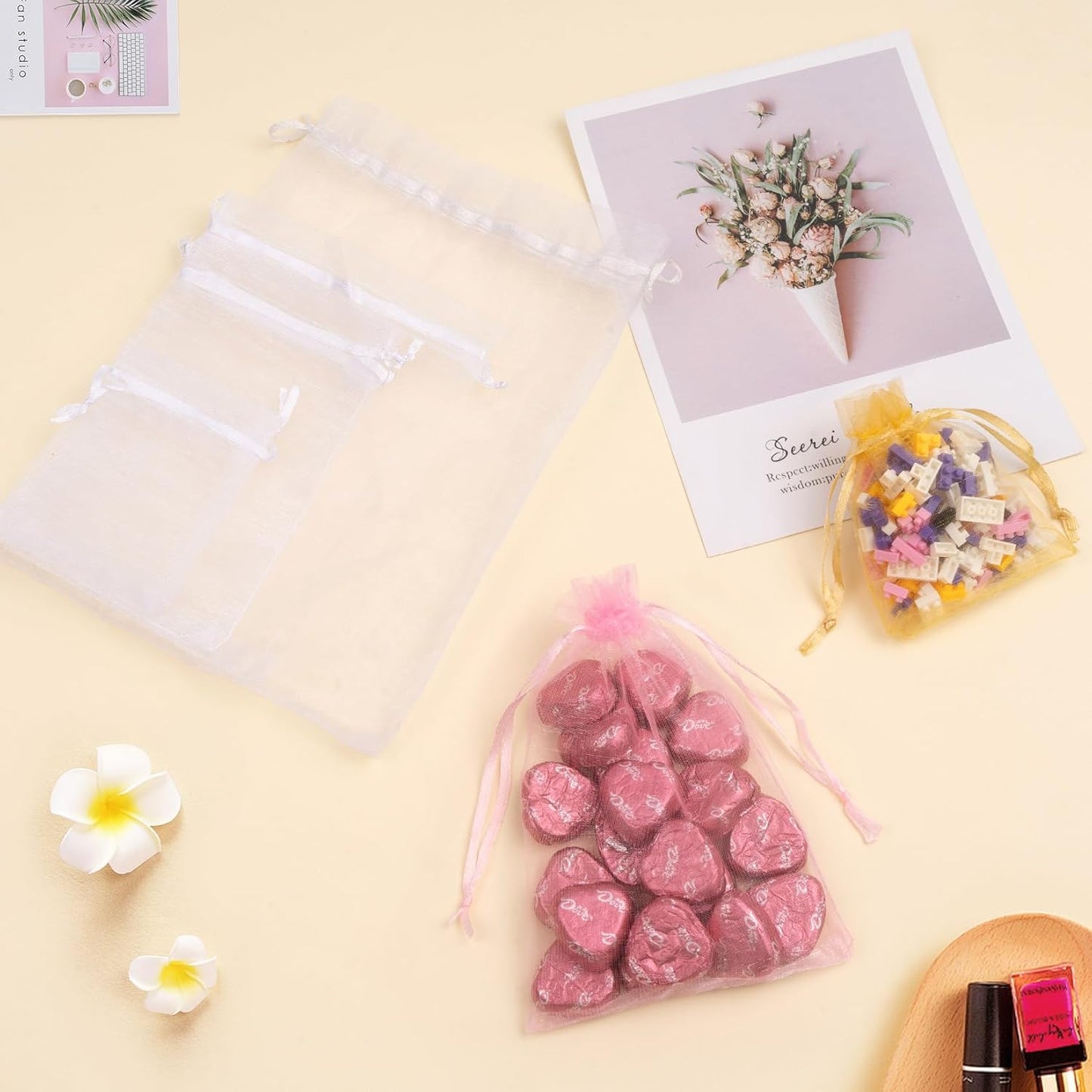 50 Pcs Orange Organza Bags 4x6 Inch, Small Mesh Drawstring Gift Bags for Halloween Treats, Candy, Birthday Party Favors