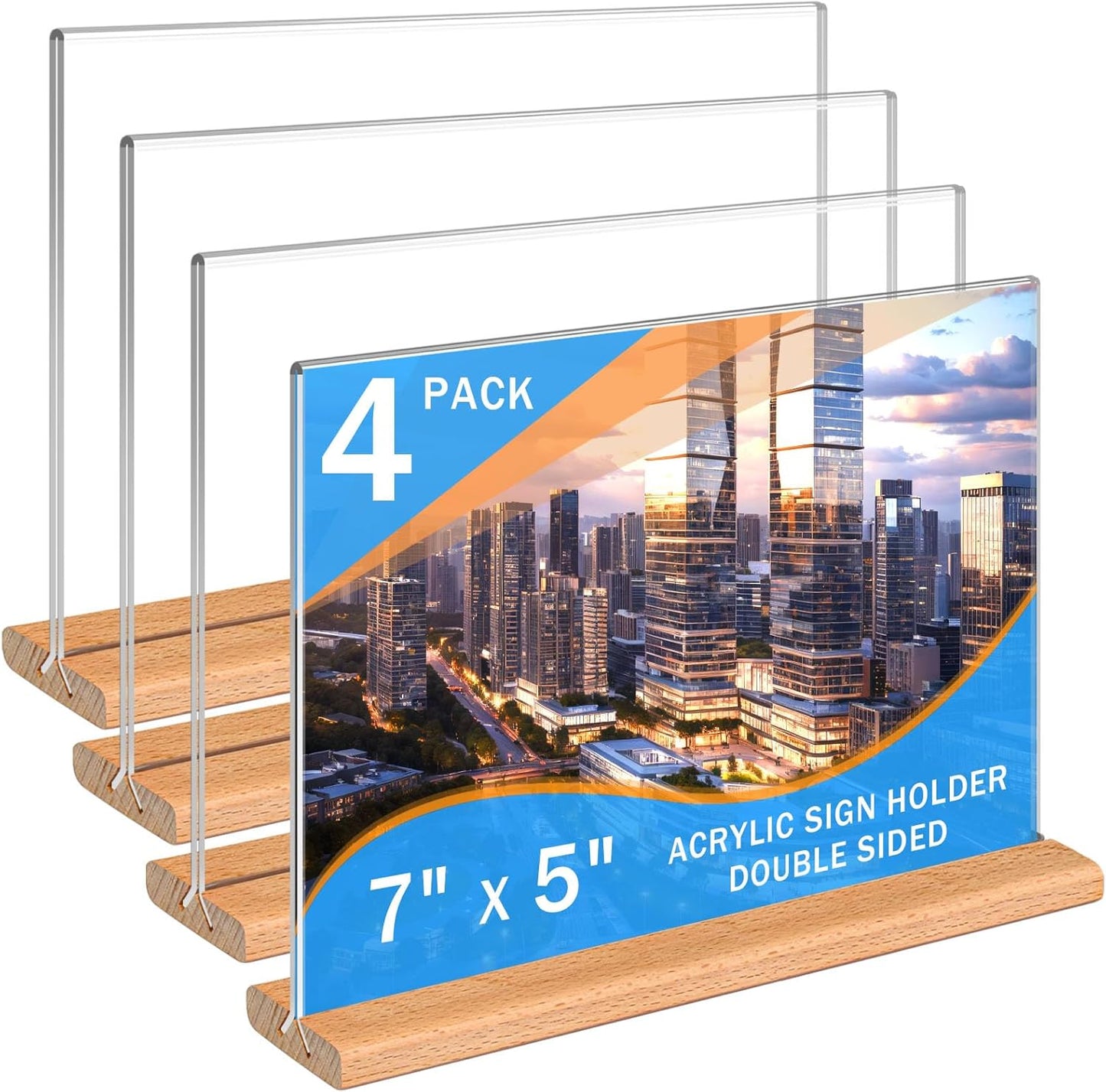 Kersally Acrylic Sign Holder 7 x 5'', 4 Pack Double-Sided Clear Table Display Stands with Wood Base,Horizontal Acrylic Frame Menu Flyer Paper Holder for Store, Restaurant, Hotel, Office, Show Fair