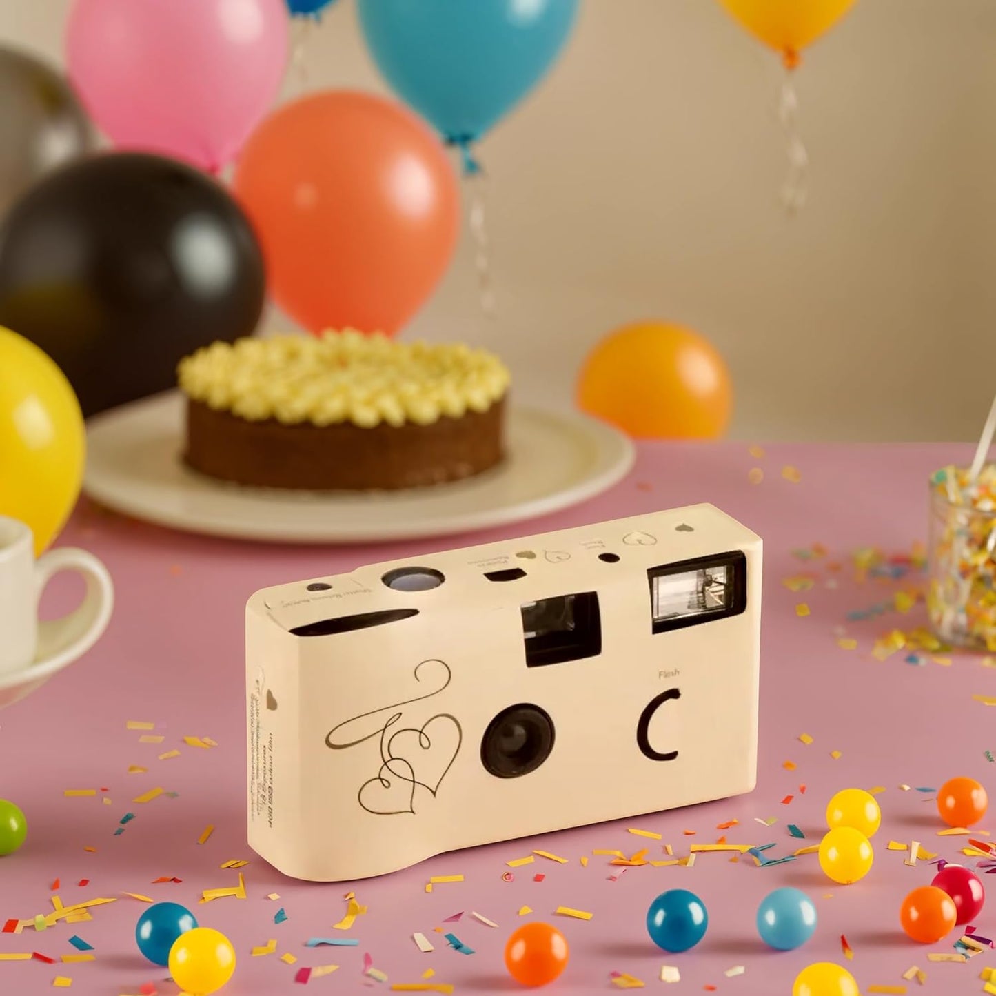 Weddingstar Disposable Camera with Flash - Single Use 35mm Film Camera for Wedding or Party Favors - Gold Enchanted Hearts