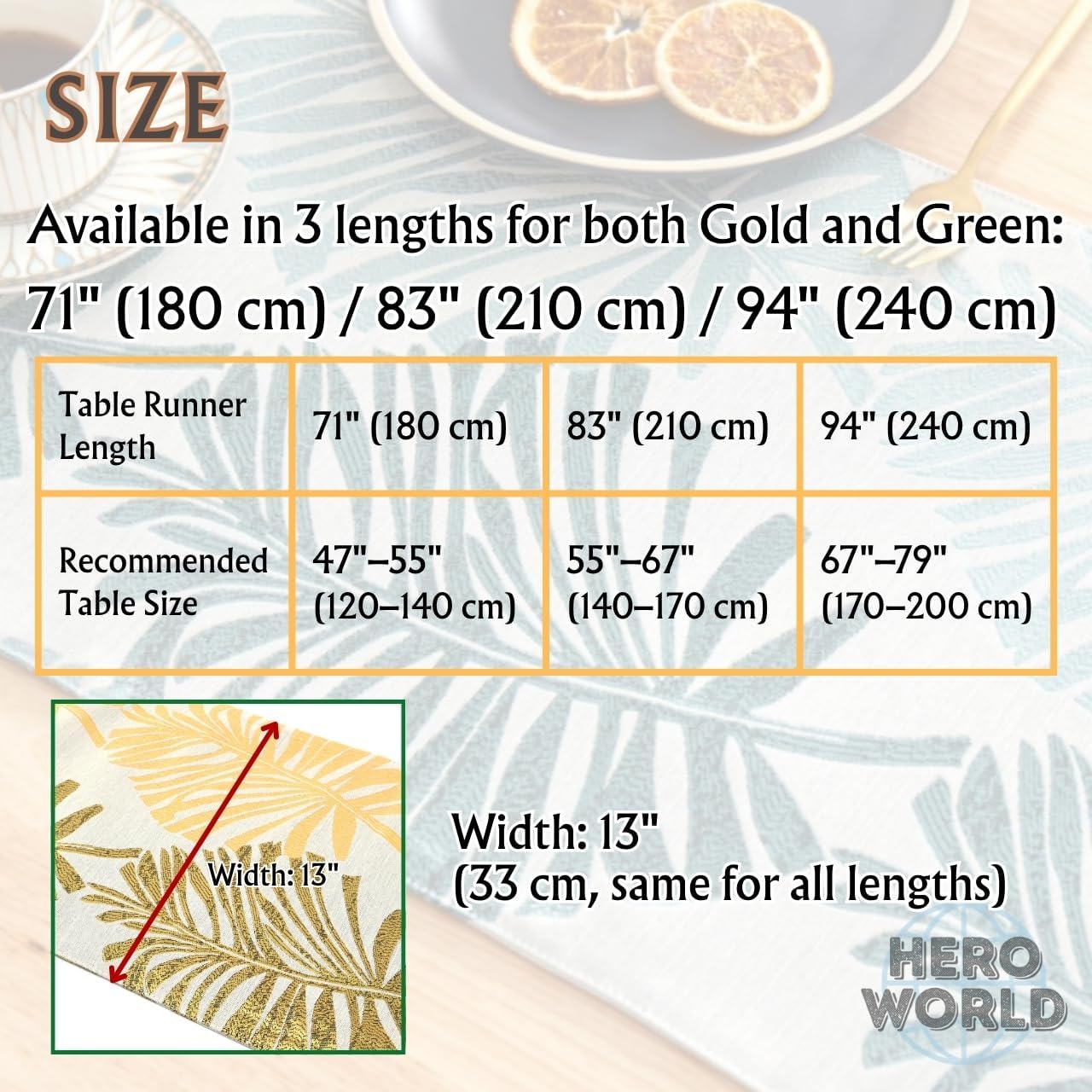 Monstera Leaf Table Runner – Elegant Fabric Table Centerpiece, Machine Washable, Gold or Green, 71"/83"/94" Length, 13" Width (Green/83)