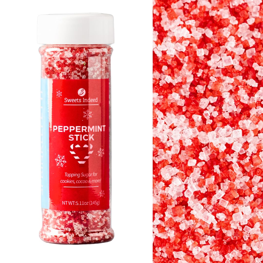 Sweets Indeed Peppermint Sugar Topping – 5.11 oz Holiday Candy Cane Finish | Festive Peppermint Sugar for Cakes, Cookies, Hot Cocoa & Christmas Desserts